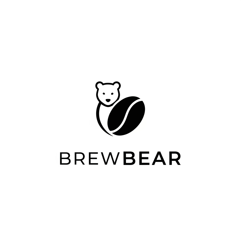 AI Design for Design a premium minimalist vector logo for a specialty coffee brand called "BrewBear." Create a timeless, modern logo that subtly combines a bear and a coffee bean using elegant negative space. The bear should feel calm, sophisticated, and iconic—not cartoonish or childish. Use clean geometric shapes, balanced proportions, and flat vector styling inspired by Scandinavian and Japanese minimalist design. Pair the icon with a refined custom wordmark reading "BrewBear." Use a monochrome black logo on a white background with no gradients, no shadows, no mockups, and no background textures. The logo should be scalable and suitable for coffee packaging, café signage, merchandise, mobile apps, and premium branding.