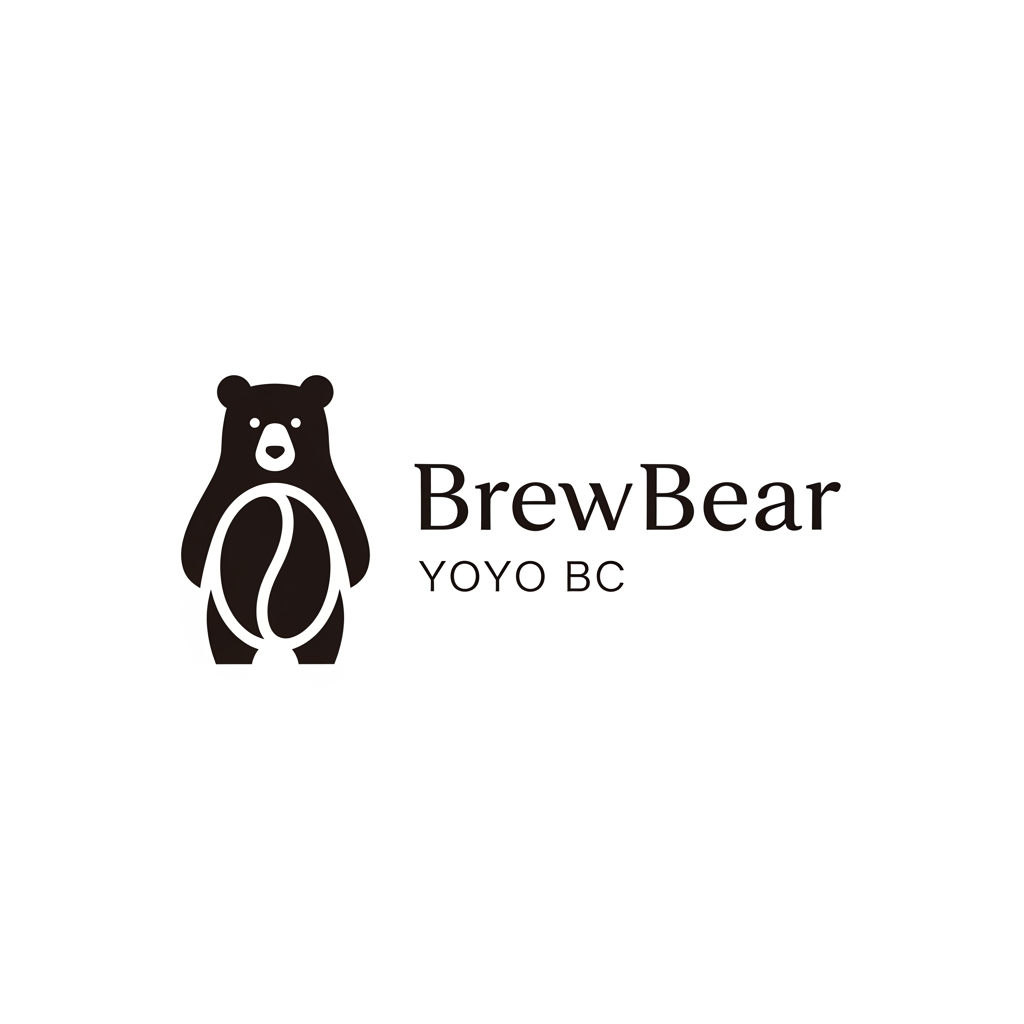 AI Design for Design a premium minimalist vector logo for a specialty coffee brand called "BrewBear." Create a timeless, modern logo that subtly combines a bear and a coffee bean using elegant negative space. The bear should feel calm, sophisticated, and iconic—not cartoonish or childish. Use clean geometric shapes, balanced proportions, and flat vector styling inspired by Scandinavian and Japanese minimalist design. Pair the icon with a refined custom wordmark reading "BrewBear." Use a monochrome black logo on a white background with no gradients, no shadows, no mockups, and no background textures. The logo should be scalable and suitable for coffee packaging, café signage, merchandise, mobile apps, and premium branding. use YOYO BC font