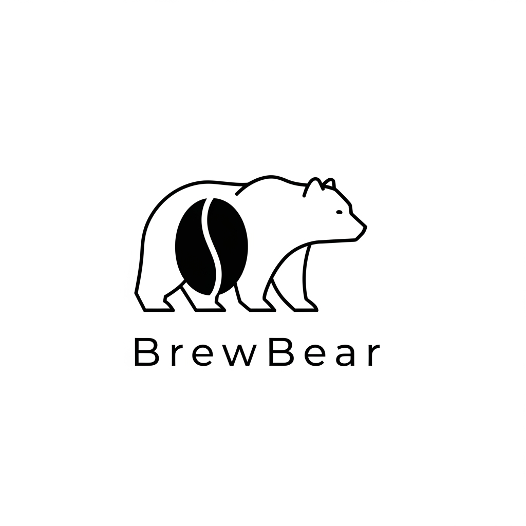 AI Design for Design a premium minimalist vector logo for a specialty coffee brand called "BrewBear." Create a timeless, modern logo that subtly combines a bear and a coffee bean using elegant negative space. The bear should feel calm, sophisticated, and iconic—not cartoonish or childish. Use clean geometric shapes, balanced proportions, and flat vector styling inspired by Scandinavian and Japanese minimalist design. Pair the icon with a refined custom wordmark reading "BrewBear." Use a monochrome black logo on a white background with no gradients, no shadows, no mockups, and no background textures. The logo should be scalable and suitable for coffee packaging, café signage, merchandise, mobile apps, and premium branding.