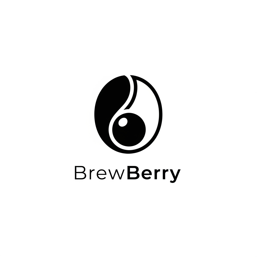 AI Design for Design a premium minimalist vector logo for a specialty coffee brand named "BrewBerry." Create a timeless wordmark combined with a unique symbol that subtly blends a coffee bean and a berry using elegant negative space. Avoid coffee cups, mugs, steam, or generic café icons. Use clean geometric shapes, balanced proportions, and modern luxury branding inspired by Scandinavian and Japanese minimalism. The style should feel sophisticated, warm, artisan, and memorable. Use a monochrome black version on a plain white background. Ensure the logo is scalable, flat, vector-style, with no gradients, no shadows, and no mockups.