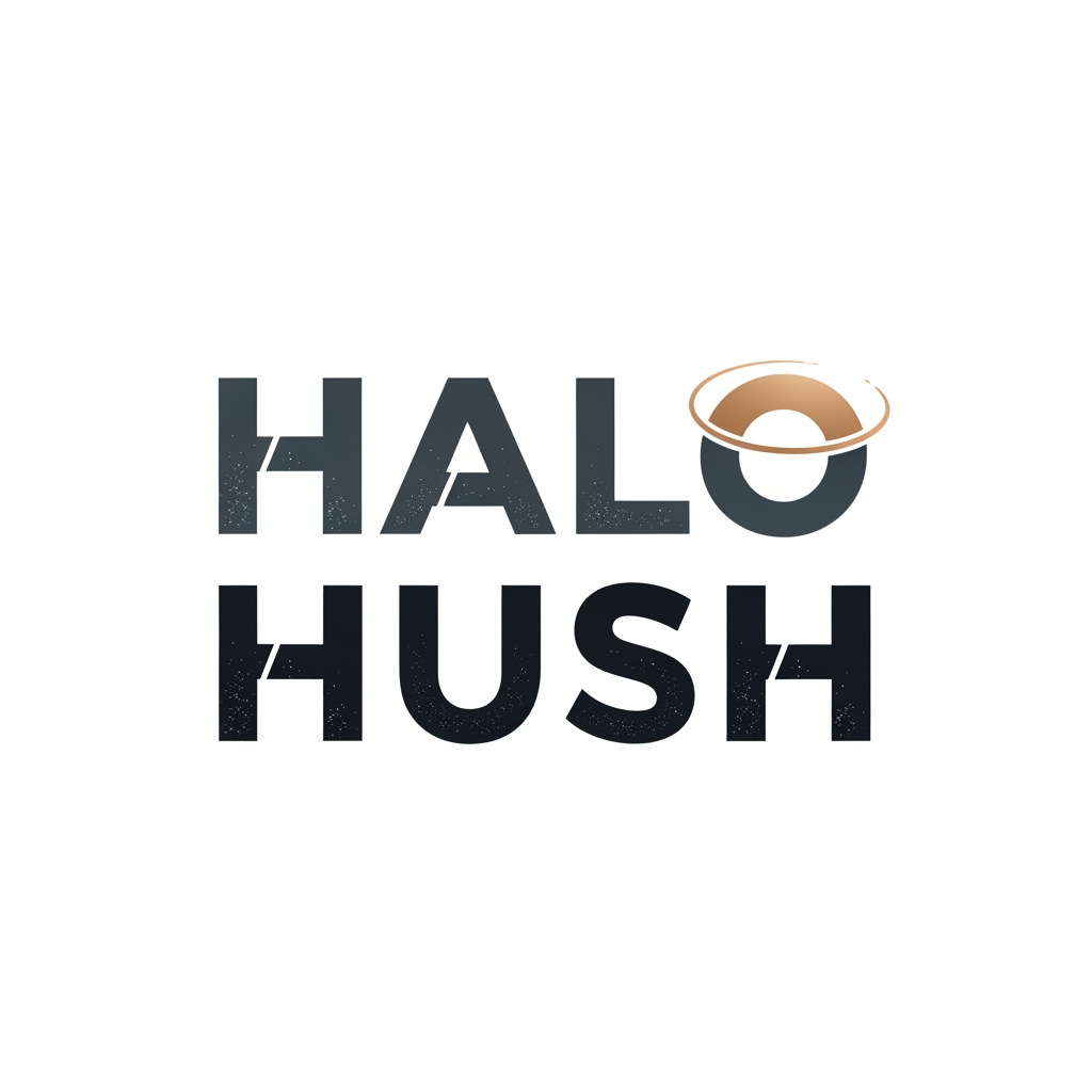 AI Design for 'Halo Hush' is my brand name, I need a logo which looks the words bold and brave.