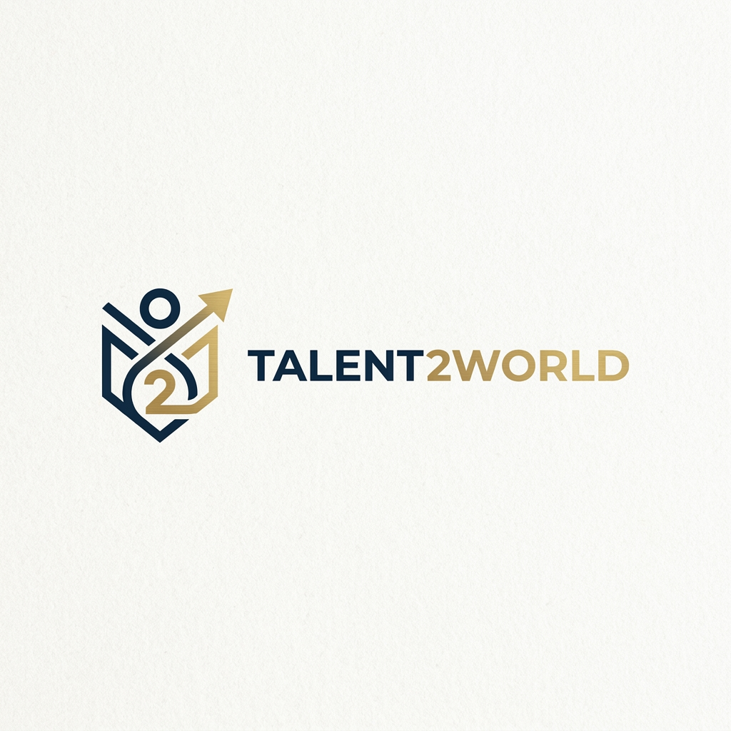 AI Design for A minimalist, premium combination mark logo for 'Talent2World' featuring a clean, monoline abstract icon paired with sophisticated, modern sans-serif typography. The design emphasizes negative space and geometric precision, avoiding any globe imagery to ensure uniqueness. The color palette utilizes deep navy and brushed gold for an elegant, corporate aesthetic. The icon and text are balanced to function harmoniously as a cohesive unit or as standalone elements
.