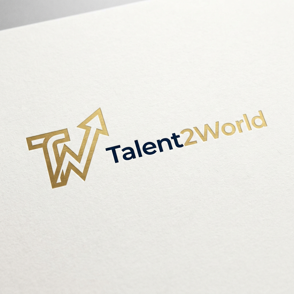 AI Design for A minimalist, premium combination mark logo for 'Talent2World' featuring a clean, monoline abstract icon paired with sophisticated, modern sans-serif typography. The design emphasizes negative space and geometric precision, avoiding any globe imagery to ensure uniqueness. The color palette utilizes deep navy and brushed gold for an elegant, corporate aesthetic. The icon and text are balanced to function harmoniously as a cohesive unit or as standalone elements
.