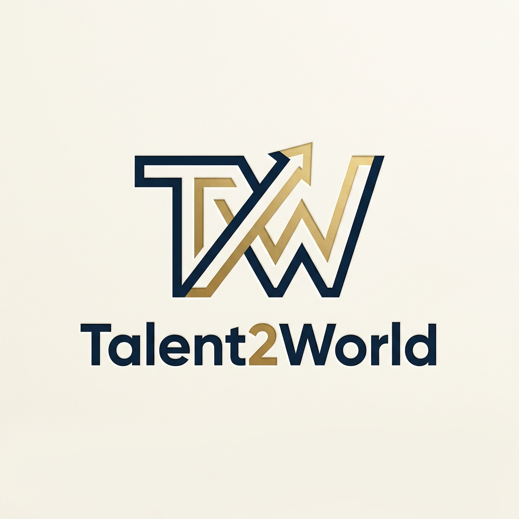 AI Design for A minimalist, premium combination mark logo for 'Talent2World' featuring a clean, monoline abstract icon paired with sophisticated, modern sans-serif typography. The design emphasizes negative space and geometric precision, avoiding any globe imagery to ensure uniqueness. The color palette utilizes deep navy and brushed gold for an elegant, corporate aesthetic. The icon and text are balanced to function harmoniously as a cohesive unit or as standalone elements
.