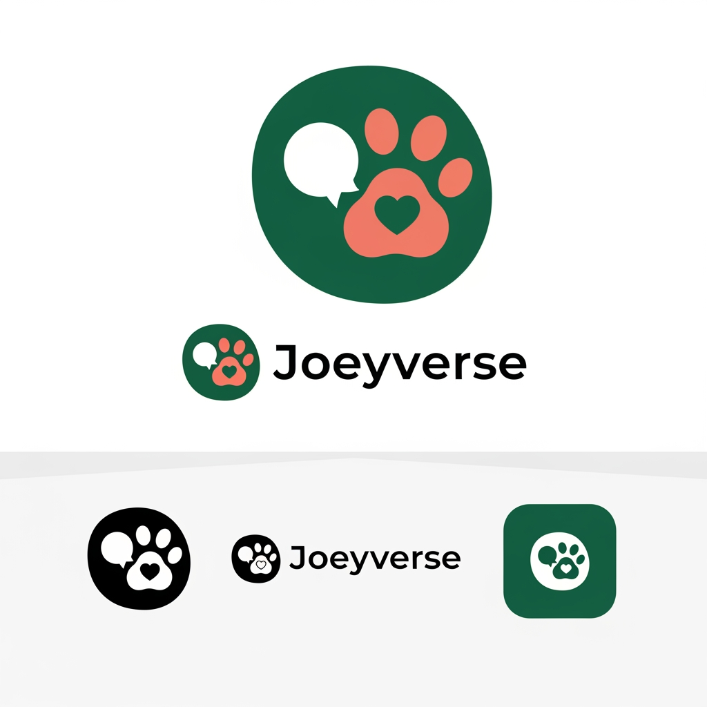 AI Design for Design a premium, minimal, elegant, and cute logo for a pet healthcare platform named "Joeyverse."
Brand Mission: Joeyverse connects pet owners with licensed veterinarians through instant chat and video/audio calls, making pet care accessible, trustworthy, and compassionate.
Logo Style:
Modern, clean, minimalistic
Elegant with soft, friendly curves
Cute but professional (avoid cartoonish or childish)
Flat vector design
Highly recognizable as an app icon and website logo
Scalable for mobile apps, websites, and social media
Concept Ideas:
A simple pet paw seamlessly integrated with a speech bubble or chat icon
A heart subtly formed within a paw print, a paw with orbitals around it with cute pet studd
A minimalist outline of a dog and cat together
A caring hand embracing a paw
A subtle medical cross hidden within the negative space
A circular or rounded icon symbolizing connection, care, and community
Typography:
Clean rounded sans-serif font
Modern, premium appearance
"Joeyverse" written in lowercase or title case
Balanced spacing and elegant proportions
Color Palette:
Primary: Emerald Green (#22C55E) or Teal (#14B8A6) to represent health and trust
Accent: Warm Coral (#FF7F6A) or Soft Orange (#F59E0B) for compassion
Neutral: White, Charcoal (#1F2937), and Soft Gray (#F8FAFC)
Flat colors only (no gradients)
Design Principles:
Minimal geometric shapes
Plenty of negative space
Soft rounded corners
Premium startup aesthetic similar to Airbnb, Headspace, Stripe, or Notion
Memorable and timeless
Avoid overly detailed illustrations, realistic animals, clip art, and generic veterinary logos
Output Requirements:
Vector logo on a clean white background
Icon-only version
Horizontal logo (icon + Joeyverse)
Monochrome version (black and white)
App icon version (square)
Crisp SVG-style vector artwork
High-end branding suitable for a modern pet-tech startup.