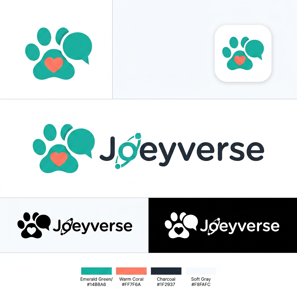 AI Design for Design a premium, minimal, elegant, and cute logo for a pet healthcare platform named "Joeyverse."
Brand Mission: Joeyverse connects pet owners with licensed veterinarians through instant chat and video/audio calls, making pet care accessible, trustworthy, and compassionate.
Logo Style:
Modern, clean, minimalistic
Elegant with soft, friendly curves
Cute but professional (avoid cartoonish or childish)
Flat vector design
Highly recognizable as an app icon and website logo
Scalable for mobile apps, websites, and social media
Concept Ideas:
A simple pet paw seamlessly integrated with a speech bubble or chat icon
A heart subtly formed within a paw print, a paw with orbitals around it with cute pet stuff
A minimalist outline of a dog and cat together
A caring hand embracing a paw
A subtle medical cross hidden within the negative space
A circular or rounded icon symbolizing connection, care, and community
Typography:
Clean rounded sans-serif font
Modern, premium appearance
"Joeyverse" written in lowercase or title case
Balanced spacing and elegant proportions
Color Palette:
Primary: Emerald Green (#22C55E) or Teal (#14B8A6) to represent health and trust
Accent: Warm Coral (#FF7F6A) or Soft Orange (#F59E0B) for compassion
Neutral: White, Charcoal (#1F2937), and Soft Gray (#F8FAFC)
Flat colors only (no gradients)
Design Principles:
Minimal geometric shapes
Plenty of negative space
Soft rounded corners
Premium startup aesthetic similar to Airbnb, Headspace, Stripe, or Notion
Memorable and timeless
Avoid overly detailed illustrations, realistic animals, clip art, and generic veterinary logos
Output Requirements:
Vector logo on a clean white background
Icon-only version
Horizontal logo (icon + Joeyverse)
Monochrome version (black and white)
App icon version (square)
Crisp SVG-style vector artwork
High-end branding suitable for a modern pet-tech startup. change: instead of O in Joeyverse put orbital