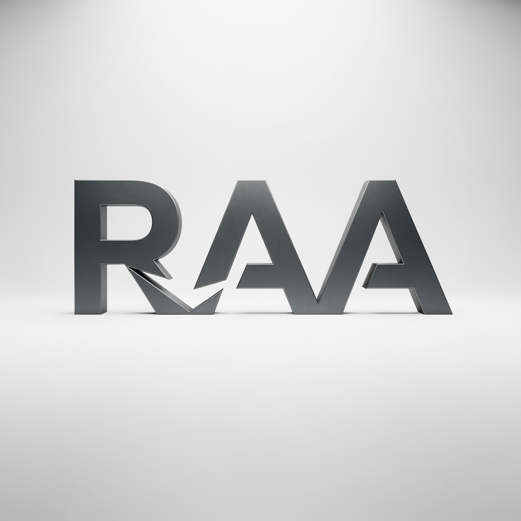 AI Design for The "One Move" Logo ⭐
This is the direction I'd pursue.
Start with a perfectly normal, bold RAA wordmark.
Now make one architectural intervention.
Only one.
Examples:
One corner is sliced away.
One slab floats.
One volume shifts forward.
One column is removed.
One void is carved out.
One axis is offset.
That's it.
One move.
Nothing else.