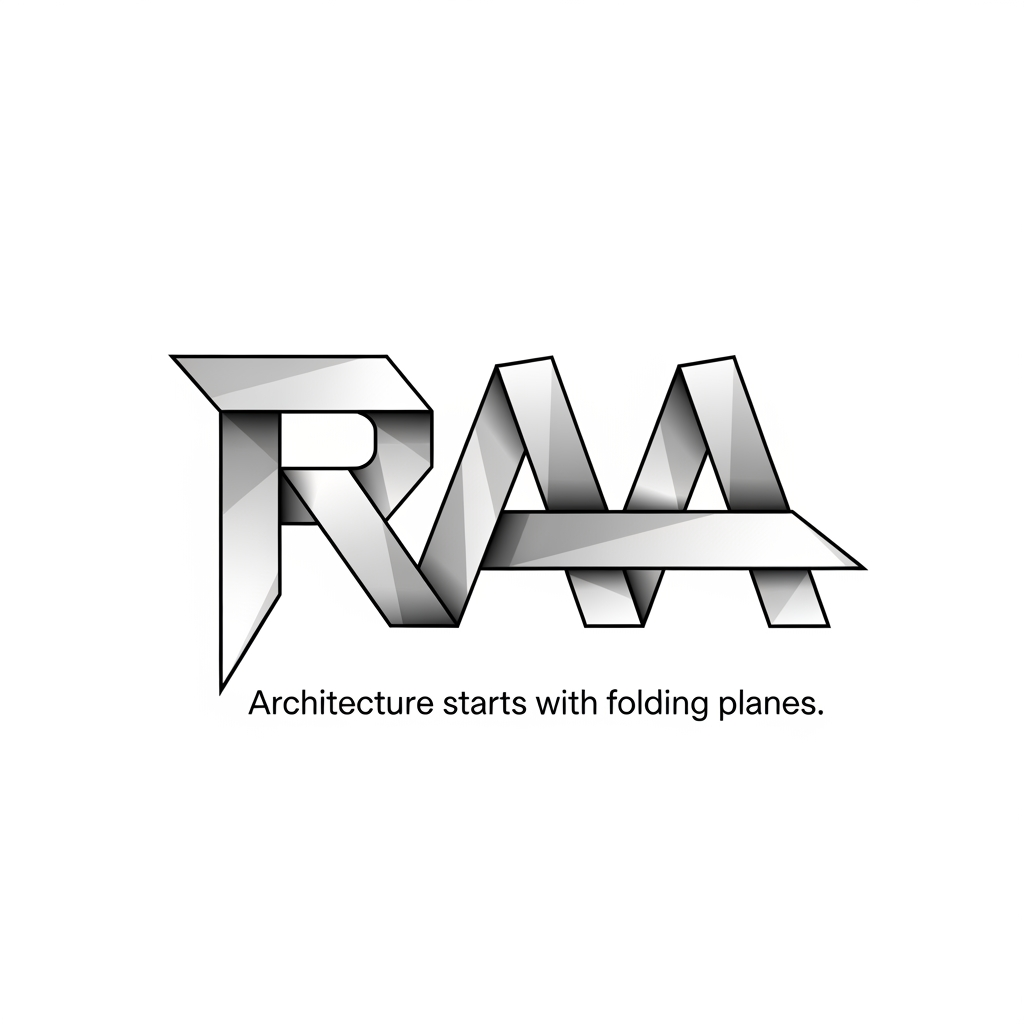 AI Design for plain black and white vector logoLogo - Architecture starts with folding planes.
The logo looks like one sheet of metal or concrete folded into RAA.
No separate letters.
Just folds.
Inspired by:
Zaha Hadid
Daniel Libeskind
Paper engineering