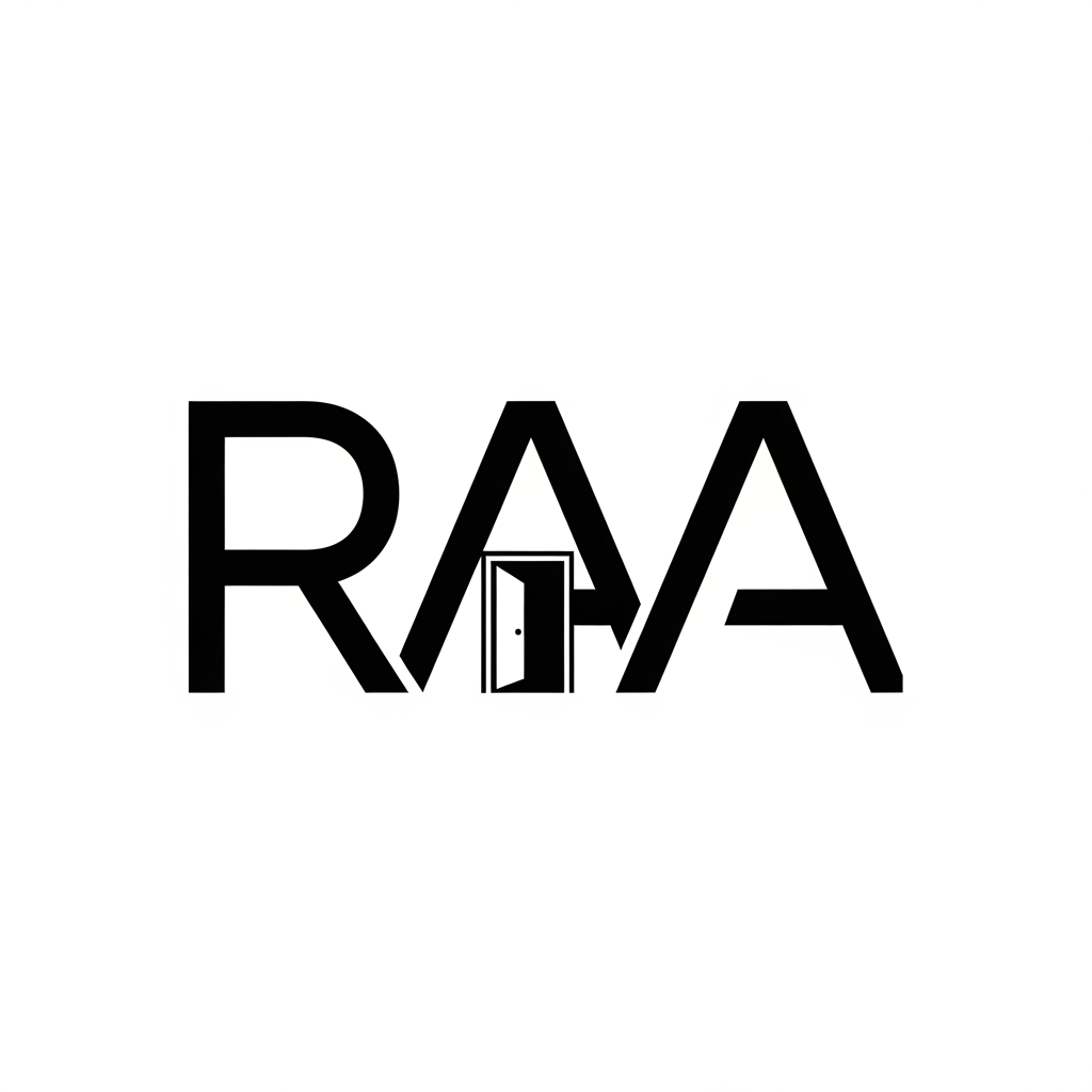 AI Design for Design a premium minimalist monogram logo for an architecture studio named RAA. The logo should integrate a subtle architectural element directly within the letterforms instead of adding a separate icon. Use negative space to reveal a doorway, framed entrance, courtyard, window opening, or architectural void. The architecture should feel discovered rather than obvious. Avoid roof icons, houses, skylines, or literal buildings. The design should be geometric, balanced, timeless, and suitable for luxury architecture branding. Black and white only, vector style, clean lines, minimal, Swiss-inspired, strong negative space.Style: Minimalist, timeless, premium architecture branding, bold geometric construction, Swiss design principles, modernist typography, Bauhaus influence, strong negative space, perfectly balanced proportions, monochrome black and white, clean vector artwork, flat design, scalable logo, no gradients, no shadows, no mockups, no textures, no background graphics, no roof icons, no house symbols, no skyscrapers, no generic real estate imagery, iconic, memorable, ownable, award-winning logo design.