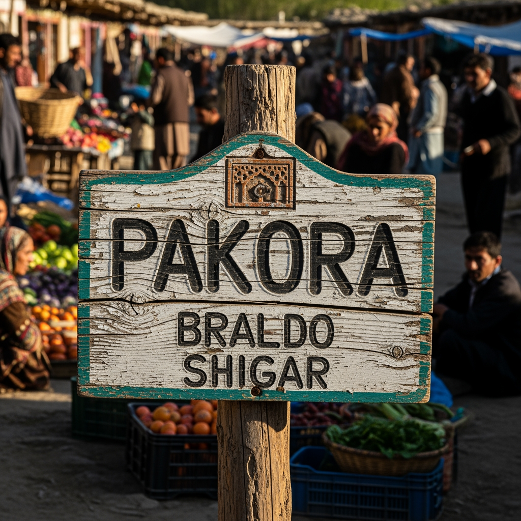 AI Design for "pakora braldo shigar" is ko logo ke sakel ma pakora ek village ka name ha