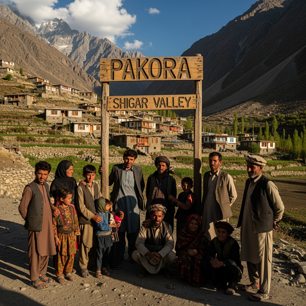 AI Design for "pakora braldo shigar" is ko logo ke sakel ma pakora ek village ka name ha
