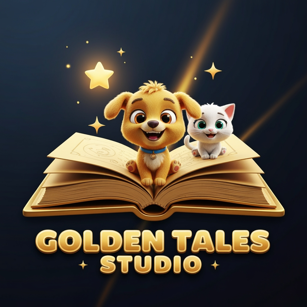 AI Design for Create a professional YouTube channel logo for "Golden Tales Studio".
Style: cute 3D Pixar-inspired cartoon animation style.
Main design: a magical golden storybook opened in the center, with a cute little golden puppy and white kitten sitting on the book, smiling with big expressive eyes.
Add a small glowing star, sparkles, and a cinematic golden light effect.
Text: "Golden Tales Studio" in bold rounded 3D cartoon letters, golden color with soft shine.
Background: clean dark blue and gold fantasy theme.
High quality, kid-friendly, emotional storytelling brand, perfect for an AI cartoon story channel.
Ultra detailed 3D render, professional YouTube logo, square format.