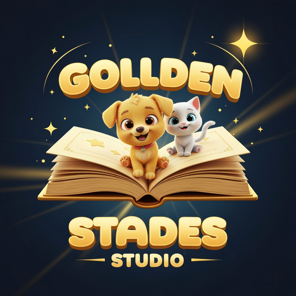 AI Design for Create a professional YouTube channel logo for "Golden Tales Studio".
Style: cute 3D Pixar-inspired cartoon animation style.
Main design: a magical golden storybook opened in the center, with a cute little golden puppy and white kitten sitting on the book, smiling with big expressive eyes.
Add a small glowing star, sparkles, and a cinematic golden light effect.
Text: "Golden Tales Studio" in bold rounded 3D cartoon letters, golden color with soft shine.
Background: clean dark blue and gold fantasy theme.
High quality, kid-friendly, emotional storytelling brand, perfect for an AI cartoon story channel.
Ultra detailed 3D render, professional YouTube logo, square format.
