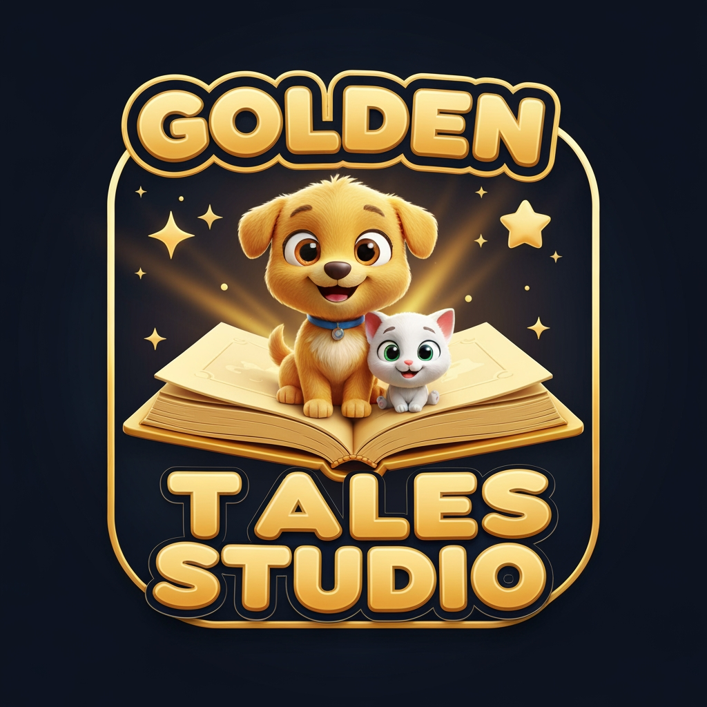 AI Design for Create a professional YouTube channel logo for "Golden Tales Studio".
Style: cute 3D Pixar-inspired cartoon animation style.
Main design: a magical golden storybook opened in the center, with a cute little golden puppy and white kitten sitting on the book, smiling with big expressive eyes.
Add a small glowing star, sparkles, and a cinematic golden light effect.
Text: "Golden Tales Studio" in bold rounded 3D cartoon letters, golden color with soft shine.
Background: clean dark blue and gold fantasy theme.
High quality, kid-friendly, emotional storytelling brand, perfect for an AI cartoon story channel.
Ultra detailed 3D render, professional YouTube logo, square format.