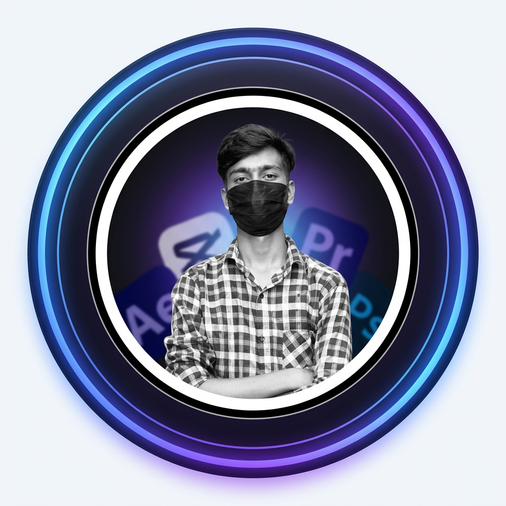 AI Design for Create a modern and premium circular profile logo for a graphic designer and video editor. The design should feature a centered portrait inside a large circular frame with a thick glowing blue and purple gradient ring. Use a clean white inner circle with a thin black border for contrast. The portrait should be black and white with sharp details, smooth skin, and high clarity. Add a subtle purple and blue ambient glow behind the subject. Use a dark blurred background with very soft editing software icons (Photoshop, Premiere Pro, After Effects, CapCut) at low opacity so they don't distract. The composition must be perfectly symmetrical and centered. Add realistic soft shadows, smooth gradients, and a premium glass-like finish. Keep the design minimal, elegant, modern, and suitable for YouTube, Instagram, and branding. No text, no watermark, no extra elements. Ultra HD 4K quality with crisp edges and professional lighting.