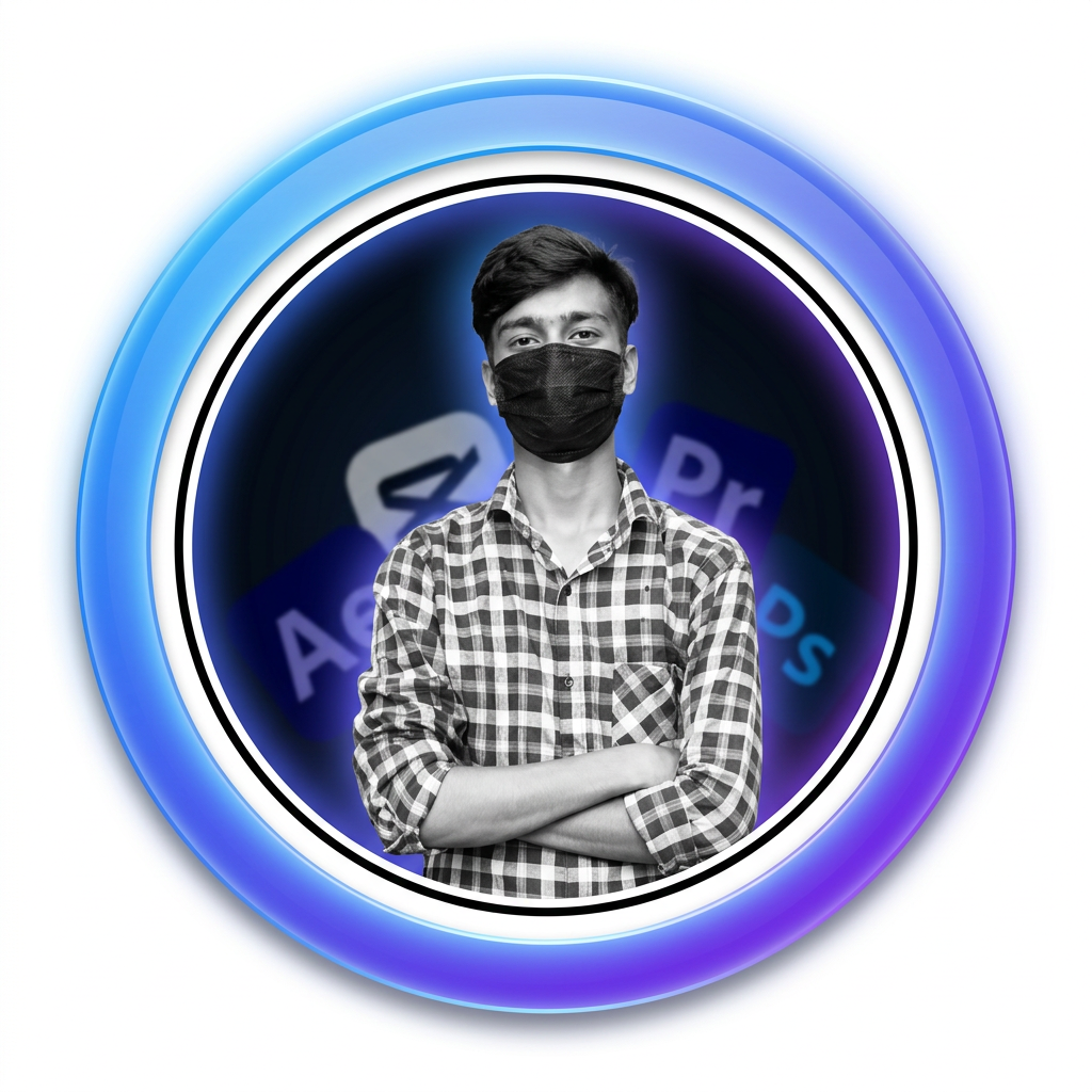 AI Design for Create a modern and premium circular profile logo for a graphic designer and video editor. The design should feature a centered portrait inside a large circular frame with a thick glowing blue and purple gradient ring. Use a clean white inner circle with a thin black border for contrast. The portrait should be black and white with sharp details, smooth skin, and high clarity. Add a subtle purple and blue ambient glow behind the subject. Use a dark blurred background with very soft editing software icons (Photoshop, Premiere Pro, After Effects, CapCut) at low opacity so they don't distract. The composition must be perfectly symmetrical and centered. Add realistic soft shadows, smooth gradients, and a premium glass-like finish. Keep the design minimal, elegant, modern, and suitable for YouTube, Instagram, and branding. No text, no watermark, no extra elements. Ultra HD 4K quality with crisp edges and professional lighting.