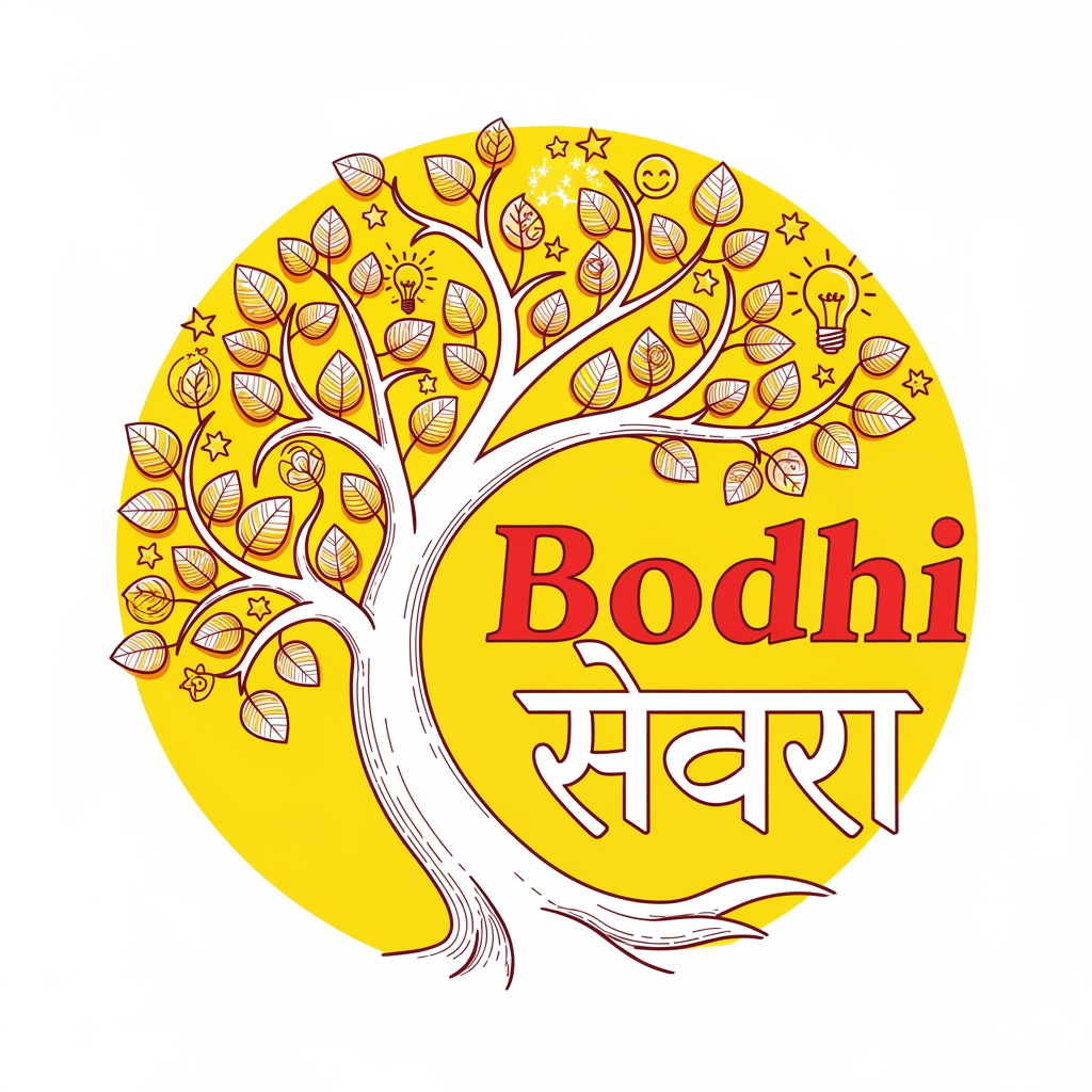 AI Design for Vibrant, eye-catching logo for a children's skill-development brand. Wordmark: 'Bodhi' in bold, elegant English lettering beside 'वृक्ष' in graceful Hindi Devanagari script, integrated together as one cohesive wordmark. Centerpiece: an artistic, detailed stylized tree (Bodhi/wisdom tree) with a strong curving trunk and flowing branches, each branch ending in distinct leaf clusters, small stars, or playful icon motifs (subtly hinting at growth, ideas, and joyful learning). Add fine linework, layered leaf textures, and a touch of hand-illustrated charm — rich and detailed rather than flat or plain. Color palette: lemon yellow as the dominant vibrant tone, blood red as a bold accent (in leaves, trunk highlights, or the wordmark), white for contrast and clarity. Style should feel lively, premium, and joyful — appealing to children and trustworthy to parents. Circular or shield-style badge layout optional for a polished, brandable look. High detail, vector illustration style, transparent background.