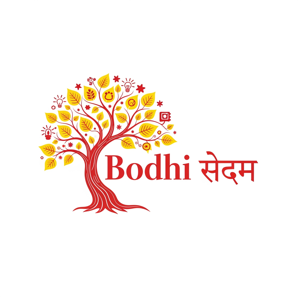 AI Design for Vibrant, eye-catching logo for a children's skill-development brand. Wordmark: 'Bodhi' in bold, elegant English lettering beside 'वृक्ष' in graceful Hindi Devanagari script, integrated together as one cohesive wordmark. Centerpiece: an artistic, detailed stylized tree (Bodhi/wisdom tree) with a strong curving trunk and flowing branches, each branch ending in distinct leaf clusters, small stars, or playful icon motifs (subtly hinting at growth, ideas, and joyful learning). Add fine linework, layered leaf textures, and a touch of hand-illustrated charm — rich and detailed rather than flat or plain. Color palette: lemon yellow as the dominant vibrant tone, blood red as a bold accent (in leaves, trunk highlights, or the wordmark), white for contrast and clarity. Style should feel lively, premium, and joyful — appealing to children and trustworthy to parents. Circular or shield-style badge layout optional for a polished, brandable look. High detail, vector illustration style, transparent background.