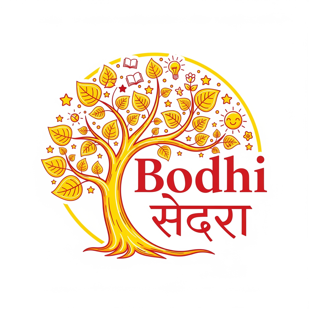 AI Design for Vibrant, eye-catching logo for a children's skill-development brand. Wordmark: 'Bodhi' in bold, elegant English lettering beside 'वृक्ष' in graceful Hindi Devanagari script, integrated together as one cohesive wordmark. Centerpiece: an artistic, detailed stylized tree (Bodhi/wisdom tree) with a strong curving trunk and flowing branches, each branch ending in distinct leaf clusters, small stars, or playful icon motifs (subtly hinting at growth, ideas, and joyful learning). Add fine linework, layered leaf textures, and a touch of hand-illustrated charm — rich and detailed rather than flat or plain. Color palette: lemon yellow as the dominant vibrant tone, blood red as a bold accent (in leaves, trunk highlights, or the wordmark), white for contrast and clarity. Style should feel lively, premium, and joyful — appealing to children and trustworthy to parents. Circular or shield-style badge layout optional for a polished, brandable look. High detail, vector illustration style, transparent background.