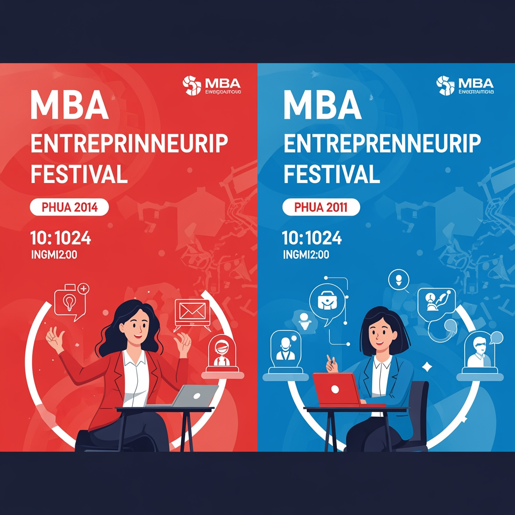 AI Design for create me this in a single poster Act as a creative event branding expert. Create two innovative event concepts for an entrepreneurship fest. Each event should have a unique name, tagline, theme, objective, and visual identity. The poster should be designed so that, even without reading a detailed description, people can guess what the event is about through its title, imagery, colors, icons, typography, and layout. Suggest poster content, color palette, symbols, fonts, illustration style, and AI image-generation prompts for both posters. Ensure the ideas are fresh, visually striking, and suitable for an MBA entrepreneurship festival.