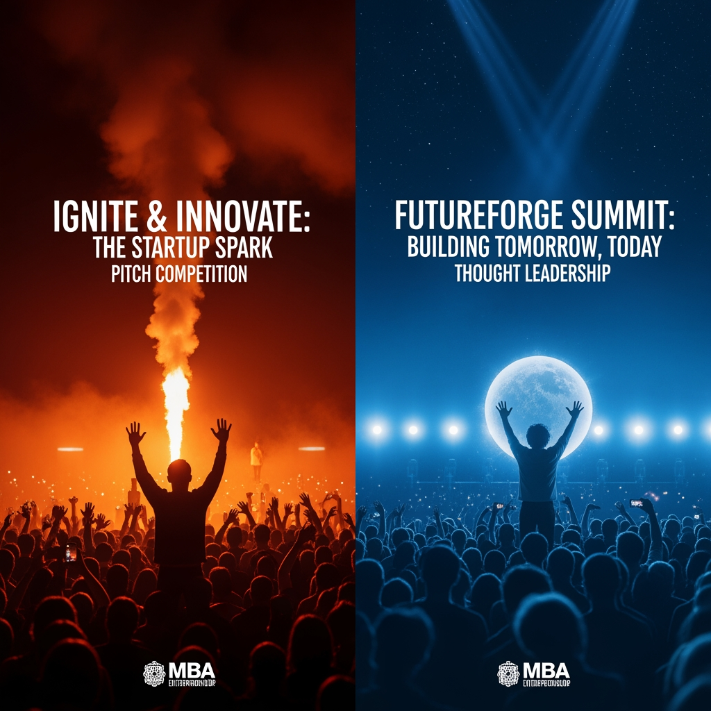 AI Design for create me this in a single poster Act as a creative event branding expert. Create two innovative event concepts for an entrepreneurship fest. Each event should have a unique name, tagline, theme, objective, and visual identity. The poster should be designed so that, even without reading a detailed description, people can guess what the event is about through its title, imagery, colors, icons, typography, and layout. Suggest poster content, color palette, symbols, fonts, illustration style, and AI image-generation prompts for both posters. Ensure the ideas are fresh, visually striking, and suitable for an MBA entrepreneurship festival.