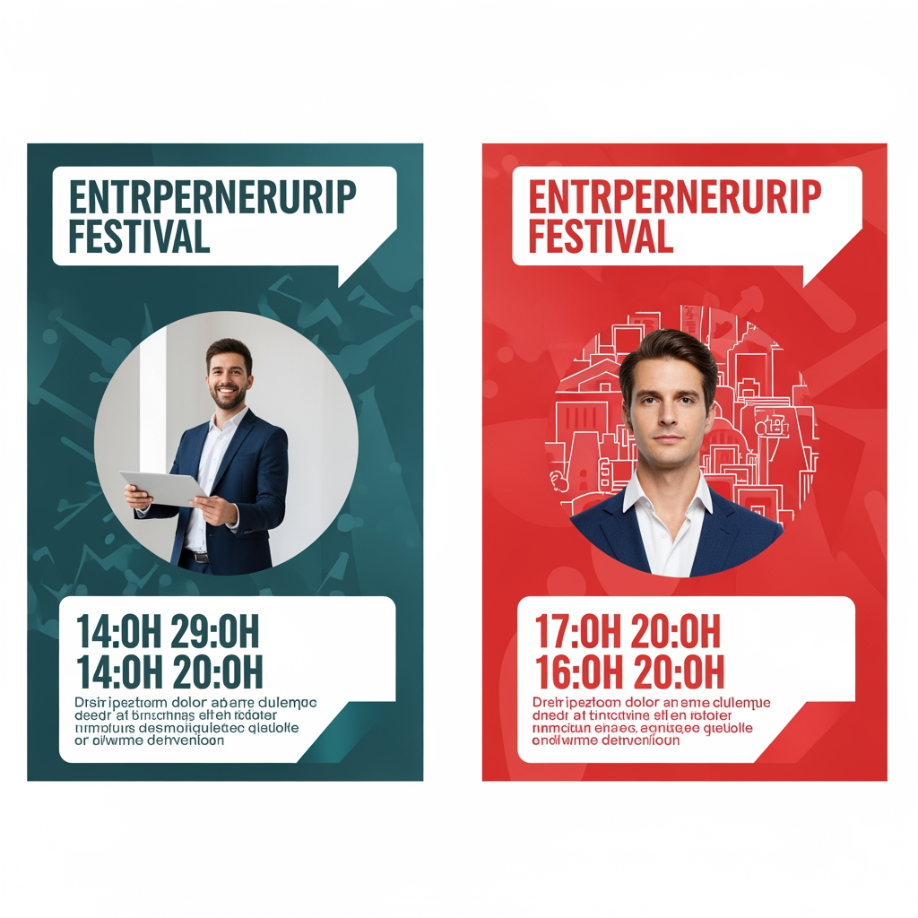 AI Design for create me this in a single poster Act as a creative event branding expert. Create two innovative event concepts for an entrepreneurship fest. Each event should have a unique name, tagline, theme, objective, and visual identity. The poster should be designed so that, even without reading a detailed description, people can guess what the event is about through its title, imagery, colors, icons, typography, and layout. Suggest poster content, color palette, symbols, fonts, illustration style, and AI image-generation prompts for both posters. Ensure the ideas are fresh, visually striking, and suitable for an MBA entrepreneurship festival.