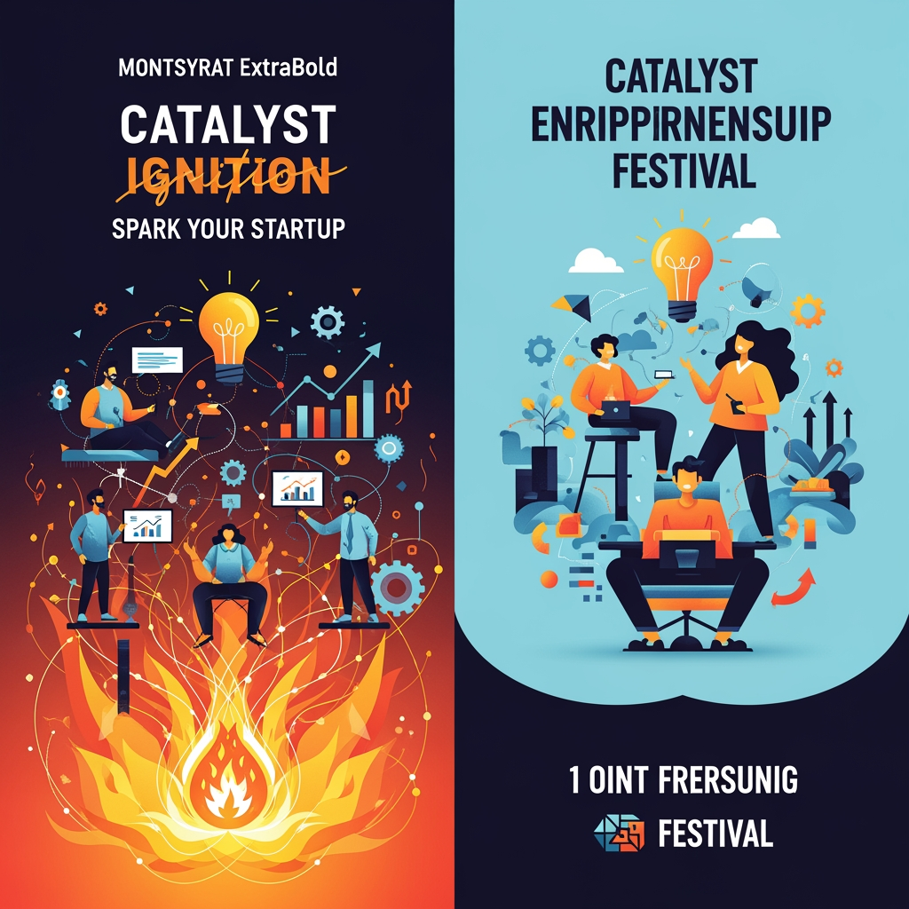 AI Design for create me this in a single poster Act as a creative event branding expert. Create two innovative event concepts for an entrepreneurship fest. Each event should have a unique name, tagline, theme, objective, and visual identity. The poster should be designed so that, even without reading a detailed description, people can guess what the event is about through its title, imagery, colors, icons, typography, and layout. Suggest poster content, color palette, symbols, fonts, illustration style, and AI image-generation prompts for both posters. Ensure the ideas are fresh, visually striking, and suitable for an MBA entrepreneurship festival.