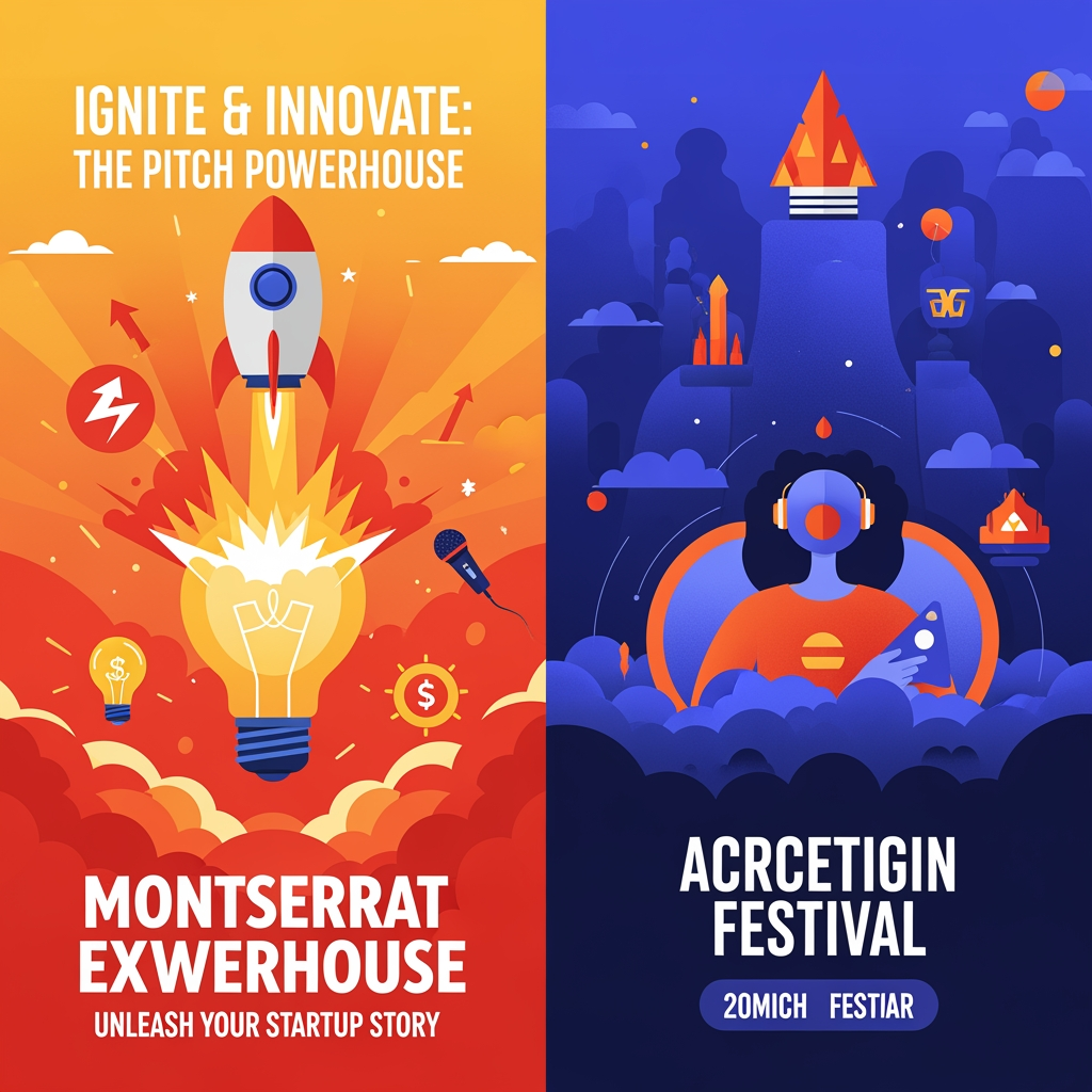 AI Design for create me this in a single poster Act as a creative event branding expert. Create two innovative event concepts for an entrepreneurship fest. Each event should have a unique name, tagline, theme, objective, and visual identity. The poster should be designed so that, even without reading a detailed description, people can guess what the event is about through its title, imagery, colors, icons, typography, and layout. Suggest poster content, color palette, symbols, fonts, illustration style, and AI image-generation prompts for both posters. Ensure the ideas are fresh, visually striking, and suitable for an MBA entrepreneurship festival.