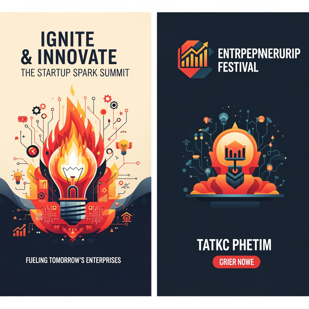 AI Design for create me this in a single poster Act as a creative event branding expert. Create two innovative event concepts for an entrepreneurship fest. Each event should have a unique name, tagline, theme, objective, and visual identity. The poster should be designed so that, even without reading a detailed description, people can guess what the event is about through its title, imagery, colors, icons, typography, and layout. Suggest poster content, color palette, symbols, fonts, illustration style, and AI image-generation prompts for both posters. Ensure the ideas are fresh, visually striking, and suitable for an MBA entrepreneurship festival.