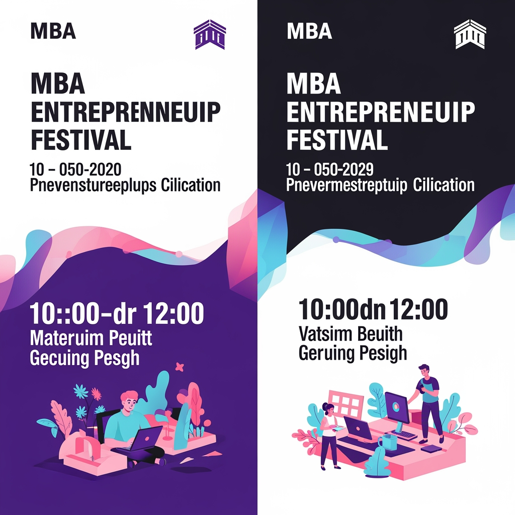 AI Design for create me this in a single poster Act as a creative event branding expert. Create two innovative event concepts for an entrepreneurship fest. Each event should have a unique name, tagline, theme, objective, and visual identity. The poster should be designed so that, even without reading a detailed description, people can guess what the event is about through its title, imagery, colors, icons, typography, and layout. Suggest poster content, color palette, symbols, fonts, illustration style, and AI image-generation prompts for both posters. Ensure the ideas are fresh, visually striking, and suitable for an MBA entrepreneurship festival.