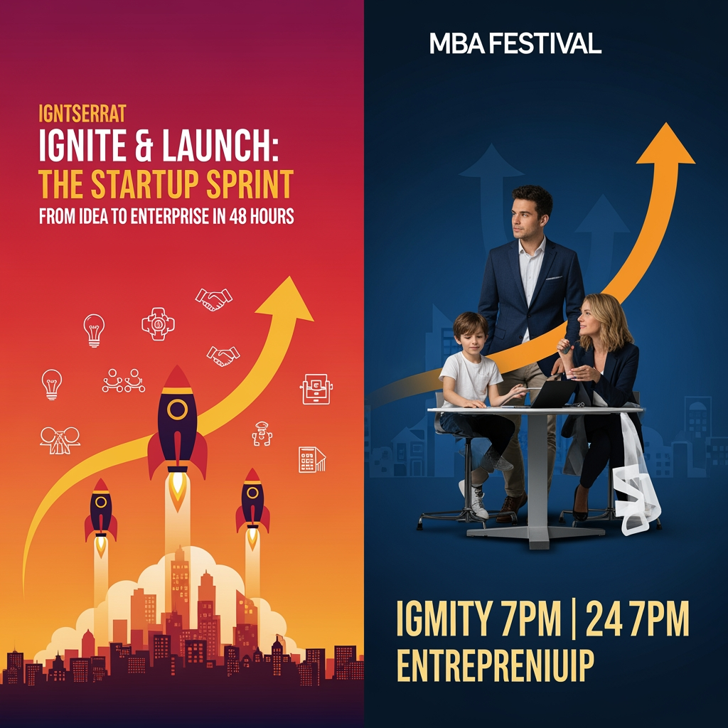 AI Design for create me this in a single poster Act as a creative event branding expert. Create two innovative event concepts for an entrepreneurship fest. Each event should have a unique name, tagline, theme, objective, and visual identity. The poster should be designed so that, even without reading a detailed description, people can guess what the event is about through its title, imagery, colors, icons, typography, and layout. Suggest poster content, color palette, symbols, fonts, illustration style, and AI image-generation prompts for both posters. Ensure the ideas are fresh, visually striking, and suitable for an MBA entrepreneurship festival.