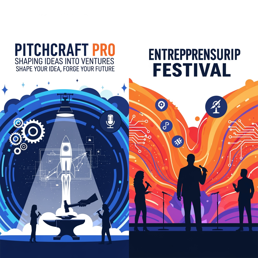 AI Design for create me this in a single poster Act as a creative event branding expert. Create two innovative event concepts for an entrepreneurship fest. Each event should have a unique name, tagline, theme, objective, and visual identity. The poster should be designed so that, even without reading a detailed description, people can guess what the event is about through its title, imagery, colors, icons, typography, and layout. Suggest poster content, color palette, symbols, fonts, illustration style, and AI image-generation prompts for both posters. Ensure the ideas are fresh, visually striking, and suitable for an MBA entrepreneurship festival.