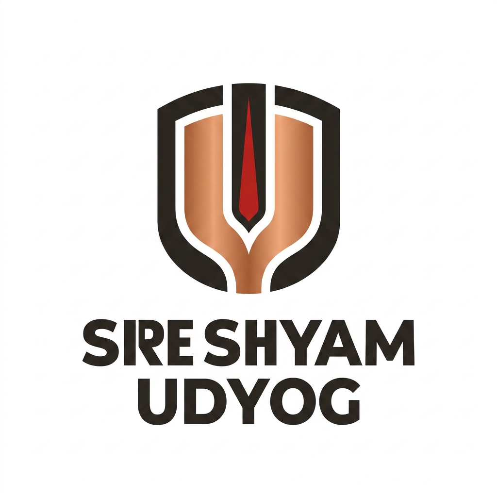 AI Design for A professional, high-end corporate logo for an Indian industrial group, featuring a geometric, minimalist symbol inspired by the abstract structural essence of a {{asset:tilak_reference}}. The design is bold, symmetrical, and flat, utilizing a restrained industrial palette of Charcoal Black, Copper, and Deep Sindoor Red on a crisp white background. Paired with a strong, custom sans-serif wordmark for 'SHREE SHYAM UDYOG', the identity conveys strength, stability, and enduring legacy through clean lines and scalable vector geometry suitable for industrial applications like metal embossing and laser cutting.