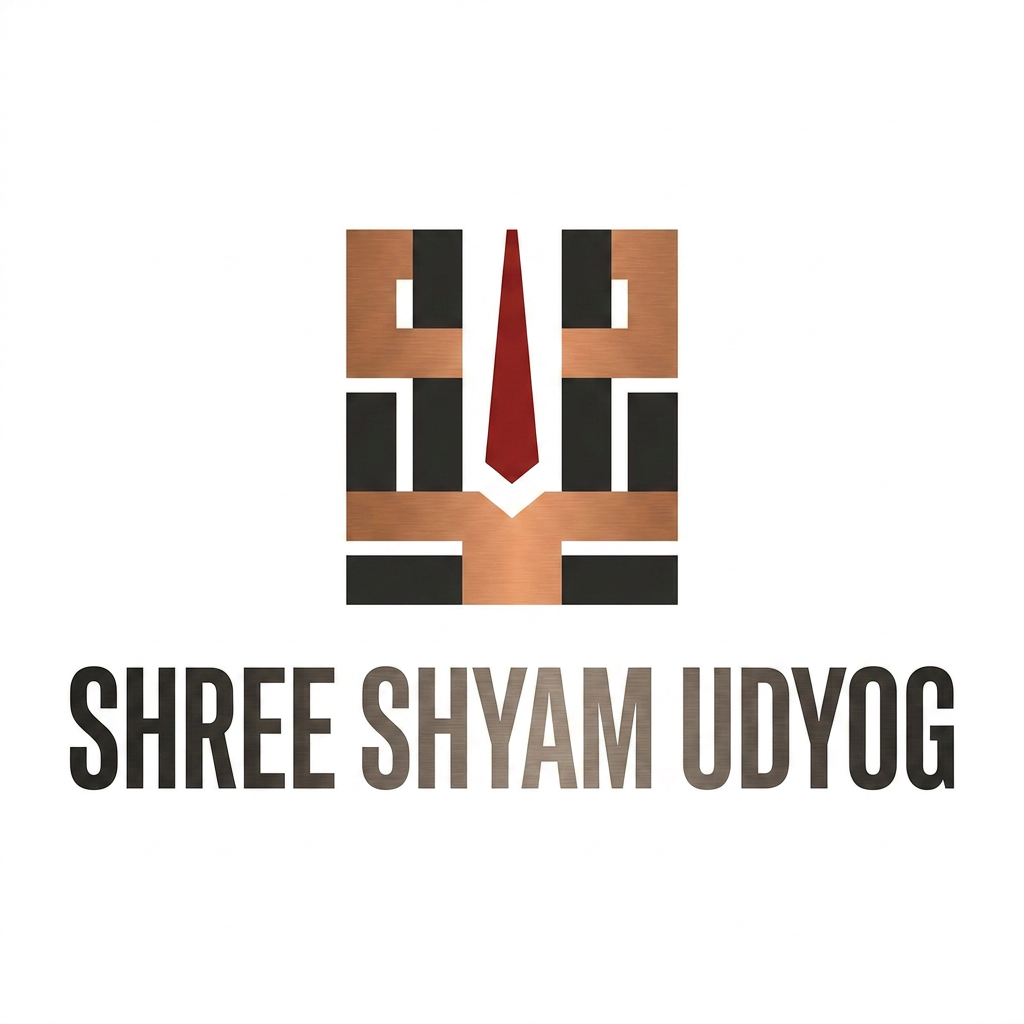 AI Design for A professional, high-end corporate logo for an Indian industrial group, featuring a geometric, minimalist symbol inspired by the abstract structural essence of a {{asset:tilak_reference}}. The design is bold, symmetrical, and flat, utilizing a restrained industrial palette of Charcoal Black, Copper, and Deep Sindoor Red on a crisp white background. Paired with a strong, custom sans-serif wordmark for 'SHREE SHYAM UDYOG', the identity conveys strength, stability, and enduring legacy through clean lines and scalable vector geometry suitable for industrial applications like metal embossing and laser cutting.