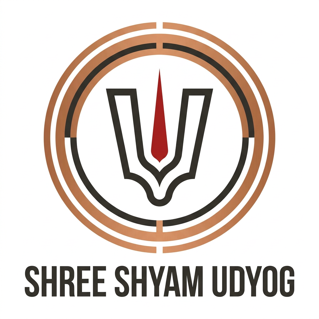 AI Design for A professional, high-end corporate logo for an Indian industrial group, featuring a geometric, minimalist symbol inspired by the abstract structural essence of a {{asset:tilak_reference}}. The design is bold, symmetrical, and flat, utilizing a restrained industrial palette of Charcoal Black, Copper, and Deep Sindoor Red on a crisp white background. Paired with a strong, custom sans-serif wordmark for 'SHREE SHYAM UDYOG', the identity conveys strength, stability, and enduring legacy through clean lines and scalable vector geometry suitable for industrial applications like metal embossing and laser cutting.