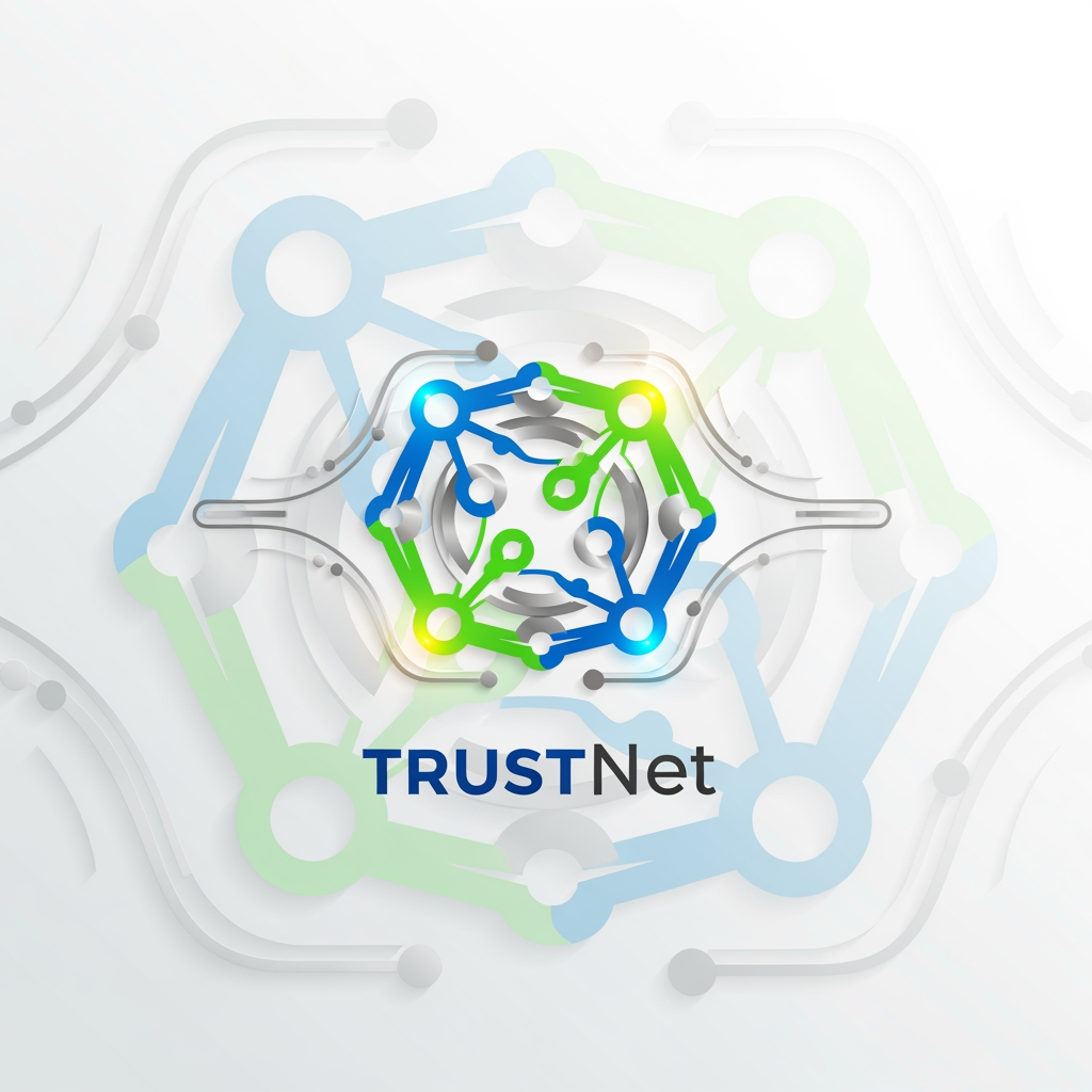 AI Design for **A modern logo for the TrustNet platform, sleek and minimalist design with interlocking network nodes symbolizing connectivity, digital vector graphic style, set against a clean white background with subtle geometric patterns, bright and vibrant colors highlighting innovation and trust, balanced composition with a central emblem surrounded by dynamic lines and shapes, conveying a sense of reliability and forward-thinking with a fresh and optimistic color palette of blue, green, and silver.**