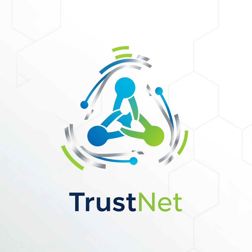 AI Design for **A modern logo for the TrustNet platform, sleek and minimalist design with interlocking network nodes symbolizing connectivity, digital vector graphic style, set against a clean white background with subtle geometric patterns, bright and vibrant colors highlighting innovation and trust, balanced composition with a central emblem surrounded by dynamic lines and shapes, conveying a sense of reliability and forward-thinking with a fresh and optimistic color palette of blue, green, and silver.**