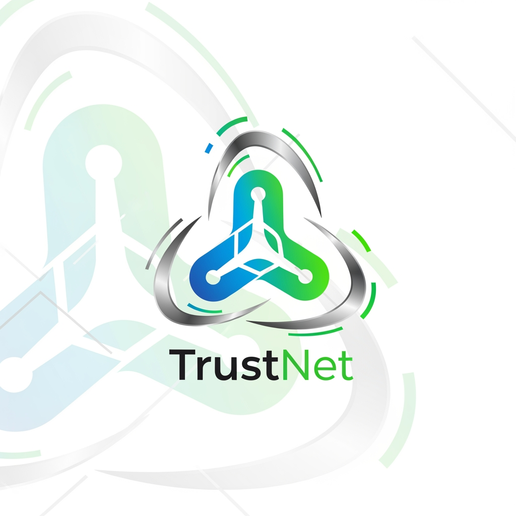 AI Design for **A modern logo for the TrustNet platform, sleek and minimalist design with interlocking network nodes symbolizing connectivity, digital vector graphic style, set against a clean white background with subtle geometric patterns, bright and vibrant colors highlighting innovation and trust, balanced composition with a central emblem surrounded by dynamic lines and shapes, conveying a sense of reliability and forward-thinking with a fresh and optimistic color palette of blue, green, and silver.**