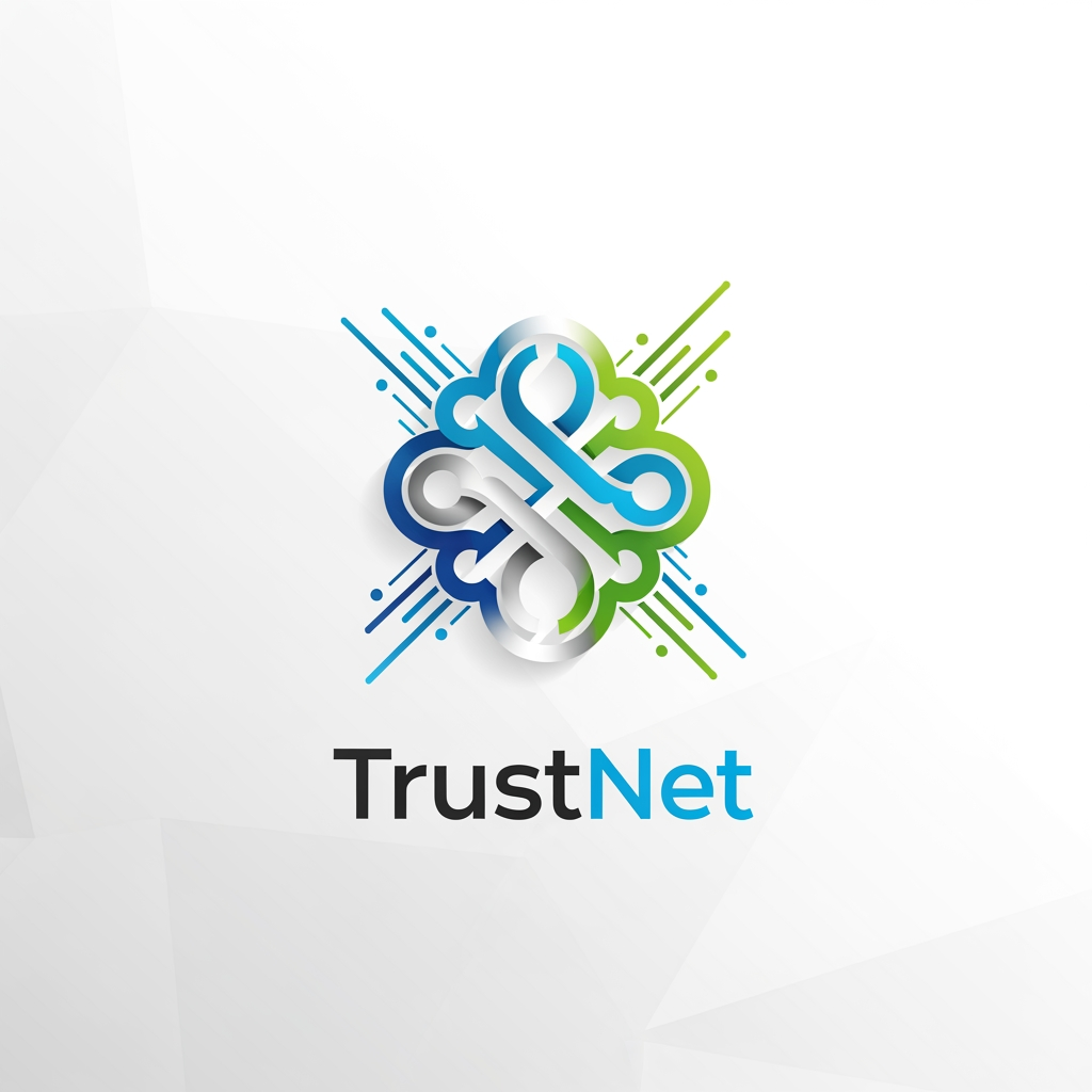 AI Design for **A modern logo for the TrustNet platform, sleek and minimalist design with interlocking network nodes symbolizing connectivity, digital vector graphic style, set against a clean white background with subtle geometric patterns, bright and vibrant colors highlighting innovation and trust, balanced composition with a central emblem surrounded by dynamic lines and shapes, conveying a sense of reliability and forward-thinking with a fresh and optimistic color palette of blue, green, and silver.**