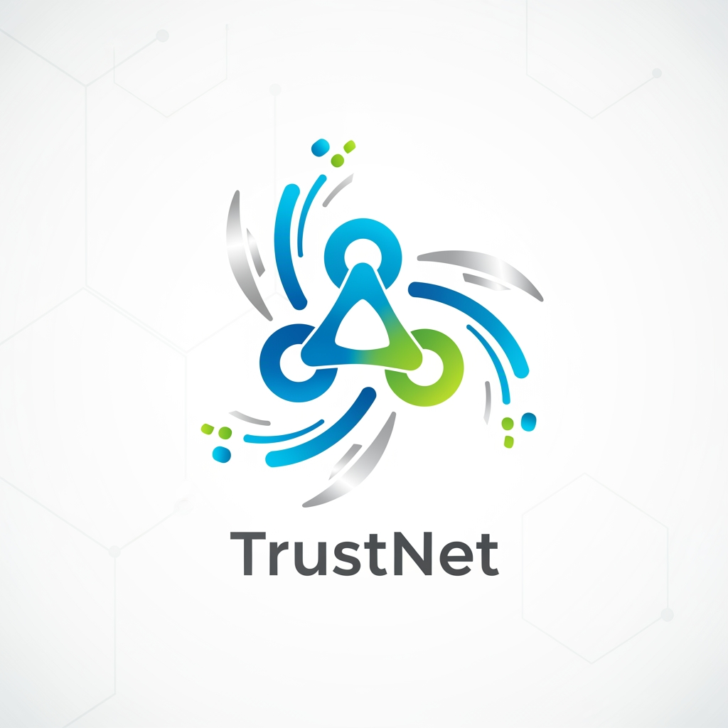 AI Design for **A modern logo for the TrustNet platform, sleek and minimalist design with interlocking network nodes symbolizing connectivity, digital vector graphic style, set against a clean white background with subtle geometric patterns, bright and vibrant colors highlighting innovation and trust, balanced composition with a central emblem surrounded by dynamic lines and shapes, conveying a sense of reliability and forward-thinking with a fresh and optimistic color palette of blue, green, and silver.**
