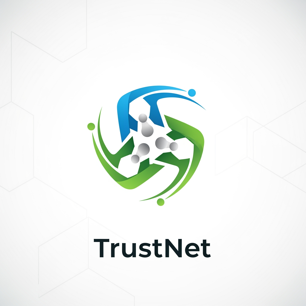 AI Design for **A modern logo for the TrustNet platform, sleek and minimalist design with interlocking network nodes symbolizing connectivity, digital vector graphic style, set against a clean white background with subtle geometric patterns, bright and vibrant colors highlighting innovation and trust, balanced composition with a central emblem surrounded by dynamic lines and shapes, conveying a sense of reliability and forward-thinking with a fresh and optimistic color palette of blue, green, and silver.**