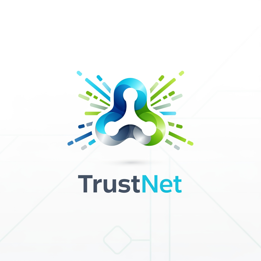 AI Design for **A modern logo for the TrustNet platform, sleek and minimalist design with interlocking network nodes symbolizing connectivity, digital vector graphic style, set against a clean white background with subtle geometric patterns, bright and vibrant colors highlighting innovation and trust, balanced composition with a central emblem surrounded by dynamic lines and shapes, conveying a sense of reliability and forward-thinking with a fresh and optimistic color palette of blue, green, and silver.**