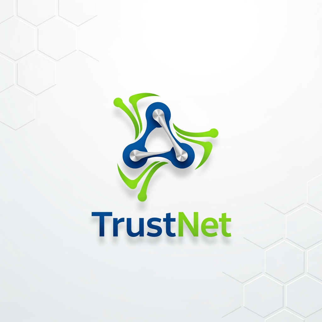 AI Design for **A modern logo for the TrustNet platform, sleek and minimalist design with interlocking network nodes symbolizing connectivity, digital vector graphic style, set against a clean white background with subtle geometric patterns, bright and vibrant colors highlighting innovation and trust, balanced composition with a central emblem surrounded by dynamic lines and shapes, conveying a sense of reliability and forward-thinking with a fresh and optimistic color palette of blue, green, and silver.**