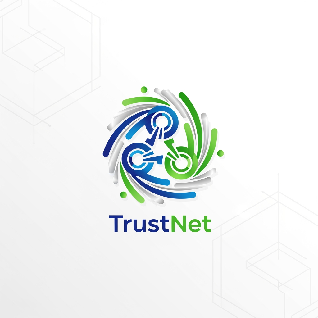 AI Design for **A modern logo for the TrustNet platform, sleek and minimalist design with interlocking network nodes symbolizing connectivity, digital vector graphic style, set against a clean white background with subtle geometric patterns, bright and vibrant colors highlighting innovation and trust, balanced composition with a central emblem surrounded by dynamic lines and shapes, conveying a sense of reliability and forward-thinking with a fresh and optimistic color palette of blue, green, and silver.**