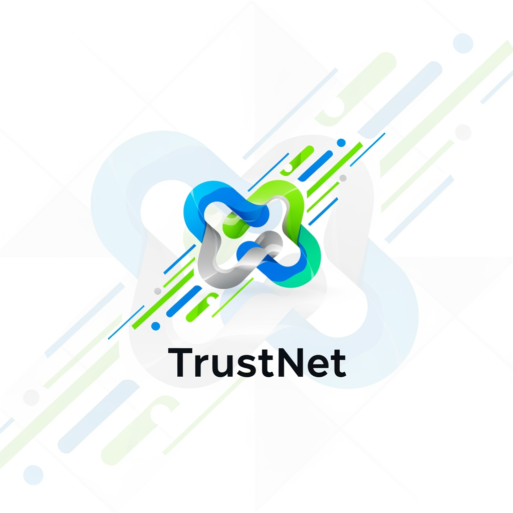 AI Design for **A modern logo for the TrustNet platform, sleek and minimalist design with interlocking network nodes symbolizing connectivity, digital vector graphic style, set against a clean white background with subtle geometric patterns, bright and vibrant colors highlighting innovation and trust, balanced composition with a central emblem surrounded by dynamic lines and shapes, conveying a sense of reliability and forward-thinking with a fresh and optimistic color palette of blue, green, and silver.**
