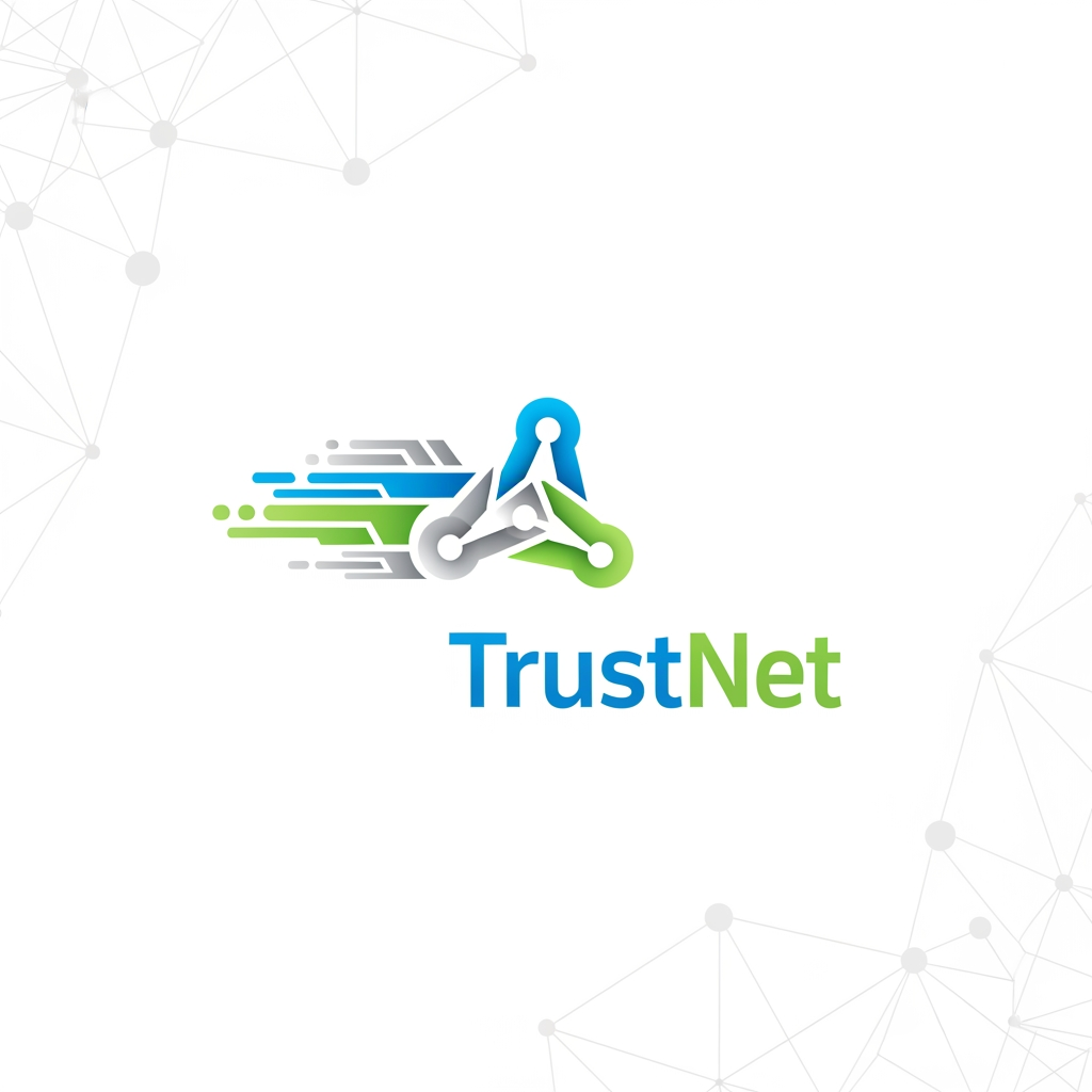 AI Design for **A modern logo for the TrustNet platform, sleek and minimalist design with interlocking network nodes symbolizing connectivity, digital vector graphic style, set against a clean white background with subtle geometric patterns, bright and vibrant colors highlighting innovation and trust, balanced composition with a central emblem surrounded by dynamic lines and shapes, conveying a sense of reliability and forward-thinking with a fresh and optimistic color palette of blue, green, and silver.**