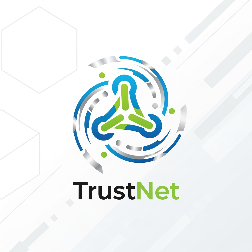 AI Design for **A modern logo for the TrustNet platform, sleek and minimalist design with interlocking network nodes symbolizing connectivity, digital vector graphic style, set against a clean white background with subtle geometric patterns, bright and vibrant colors highlighting innovation and trust, balanced composition with a central emblem surrounded by dynamic lines and shapes, conveying a sense of reliability and forward-thinking with a fresh and optimistic color palette of blue, green, and silver.**