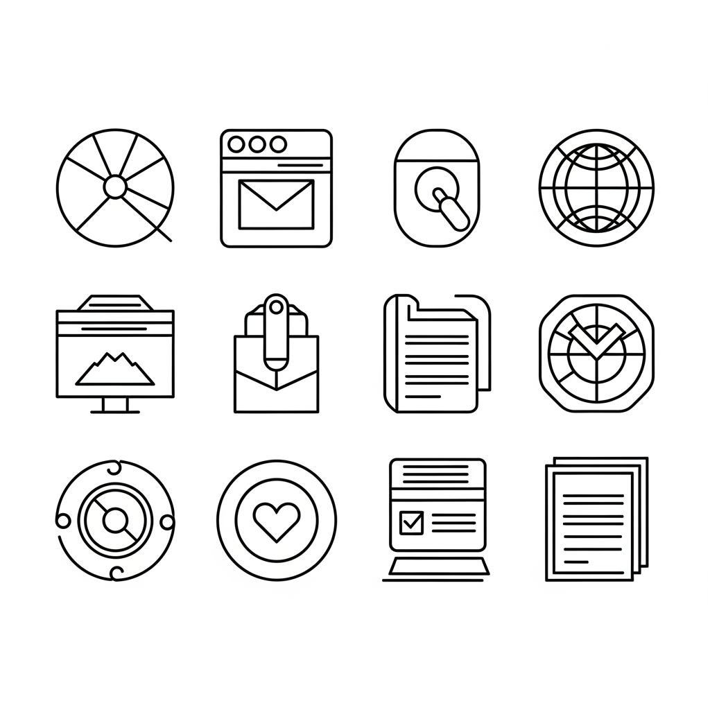 AI Design for Create a premium set of 8 minimalist thick-line vector icons for a corporate brand brochure. Design all icons using only rounded rectangles, circles, squares, and simple geometric forms. Maintain a consistent bold monoline stroke weight, rounded line caps, rounded corners, perfect geometric balance, and a strict grid-based construction system. Style should feel modern Swiss-inspired, corporate, luxury, and highly scalable, with strong negative space and instant recognition at small sizes. Use black outlines only on a pure white background, no fills, no gradients, no shadows, no textures, no color.
Icon 1 — Brand Strategy & Design: Abstract chess knight seamlessly merged with a compass and grid framework, representing strategy, planning, and design systems. Minimal geometric construction with balanced circular and square elements.
Icon 2 — Production & Large Format: Large-format printer created from rounded rectangles and circles, featuring a paper roll and a clean output sheet. Simplified industrial form with strong visual clarity.
Icon 3 — Exhibition & Event Production: Modern exhibition booth structure composed of geometric display panels, stage truss elements, and circular spotlight indicators. Minimal architectural silhouette.
Icon 4 — AI Powered Marketing: Rounded-square AI microchip connected to evenly spaced circular nodes through thick geometric pathways, forming a balanced intelligent network system.
Icon 5 — Digital Signage & Smart Displays: Freestanding digital display kiosk with a rounded rectangular screen, stable base, and subtle connectivity signal element integrated into the design.
Icon 6 — Interior Environmental Branding Solutions: Architectural interior branding system featuring wall panels, suspended signage, spatial dividers, and environmental graphics represented through simple geometric forms.
Icon 7 — 3D & Architectural Signage: Dimensional signboard created using layered rounded rectangles and offset geometric planes to suggest depth and architectural fabrication while remaining purely line-based.
Icon 8 — Luxury Packaging & Corporate Kits: Premium rigid gift box constructed from clean geometric shapes with a minimal ribbon band and refined proportions, conveying luxury and corporate gifting.
Art Direction: ultra-clean vector iconography, award-winning corporate identity design, thick rounded monoline strokes, perfect visual consistency, equal optical weight across all eight icons, precise alignment, modular grid system, geometric minimalism, professional B2B branding aesthetic, SVG-ready, monochrome black line art, isolated on white background, icon design system presentation