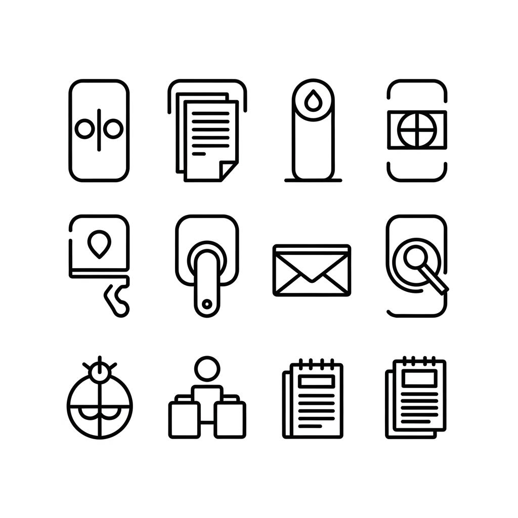 AI Design for Create a premium set of 8 minimalist thick-line vector icons for a corporate brand brochure. Design all icons using only rounded rectangles, circles, squares, and simple geometric forms. Maintain a consistent bold monoline stroke weight, rounded line caps, rounded corners, perfect geometric balance, and a strict grid-based construction system. Style should feel modern Swiss-inspired, corporate, luxury, and highly scalable, with strong negative space and instant recognition at small sizes. Use black outlines only on a pure white background, no fills, no gradients, no shadows, no textures, no color.
Icon 1 — Brand Strategy & Design: Abstract chess knight seamlessly merged with a compass and grid framework, representing strategy, planning, and design systems. Minimal geometric construction with balanced circular and square elements.
Icon 2 — Production & Large Format: Large-format printer created from rounded rectangles and circles, featuring a paper roll and a clean output sheet. Simplified industrial form with strong visual clarity.
Icon 3 — Exhibition & Event Production: Modern exhibition booth structure composed of geometric display panels, stage truss elements, and circular spotlight indicators. Minimal architectural silhouette.
Icon 4 — AI Powered Marketing: Rounded-square AI microchip connected to evenly spaced circular nodes through thick geometric pathways, forming a balanced intelligent network system.
Icon 5 — Digital Signage & Smart Displays: Freestanding digital display kiosk with a rounded rectangular screen, stable base, and subtle connectivity signal element integrated into the design.
Icon 6 — Interior Environmental Branding Solutions: Architectural interior branding system featuring wall panels, suspended signage, spatial dividers, and environmental graphics represented through simple geometric forms.
Icon 7 — 3D & Architectural Signage: Dimensional signboard created using layered rounded rectangles and offset geometric planes to suggest depth and architectural fabrication while remaining purely line-based.
Icon 8 — Luxury Packaging & Corporate Kits: Premium rigid gift box constructed from clean geometric shapes with a minimal ribbon band and refined proportions, conveying luxury and corporate gifting.
Art Direction: ultra-clean vector iconography, award-winning corporate identity design, thick rounded monoline strokes, perfect visual consistency, equal optical weight across all eight icons, precise alignment, modular grid system, geometric minimalism, professional B2B branding aesthetic, SVG-ready, monochrome black line art, isolated on white background, icon design system presentation