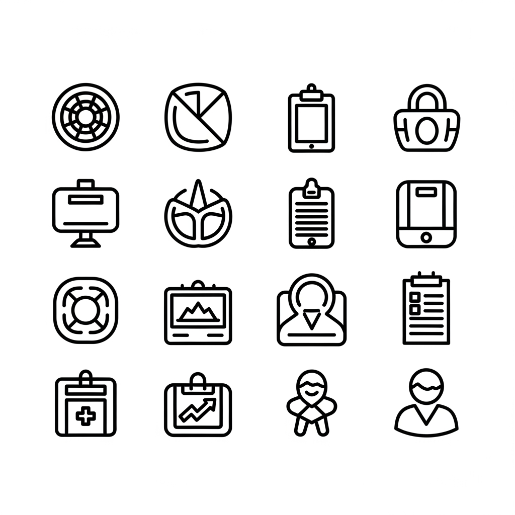 AI Design for Create a premium set of 8 minimalist thick-line vector icons for a corporate brand brochure. Design all icons using only rounded rectangles, circles, squares, and simple geometric forms. Maintain a consistent bold monoline stroke weight, rounded line caps, rounded corners, perfect geometric balance, and a strict grid-based construction system. Style should feel modern Swiss-inspired, corporate, luxury, and highly scalable, with strong negative space and instant recognition at small sizes. Use black outlines only on a pure white background, no fills, no gradients, no shadows, no textures, no color.
Icon 1 — Brand Strategy & Design: Abstract chess knight seamlessly merged with a compass and grid framework, representing strategy, planning, and design systems. Minimal geometric construction with balanced circular and square elements.
Icon 2 — Production & Large Format: Large-format printer created from rounded rectangles and circles, featuring a paper roll and a clean output sheet. Simplified industrial form with strong visual clarity.
Icon 3 — Exhibition & Event Production: Modern exhibition booth structure composed of geometric display panels, stage truss elements, and circular spotlight indicators. Minimal architectural silhouette.
Icon 4 — AI Powered Marketing: Rounded-square AI microchip connected to evenly spaced circular nodes through thick geometric pathways, forming a balanced intelligent network system.
Icon 5 — Digital Signage & Smart Displays: Freestanding digital display kiosk with a rounded rectangular screen, stable base, and subtle connectivity signal element integrated into the design.
Icon 6 — Interior Environmental Branding Solutions: Architectural interior branding system featuring wall panels, suspended signage, spatial dividers, and environmental graphics represented through simple geometric forms.
Icon 7 — 3D & Architectural Signage: Dimensional signboard created using layered rounded rectangles and offset geometric planes to suggest depth and architectural fabrication while remaining purely line-based.
Icon 8 — Luxury Packaging & Corporate Kits: Premium rigid gift box constructed from clean geometric shapes with a minimal ribbon band and refined proportions, conveying luxury and corporate gifting.
Art Direction: ultra-clean vector iconography, award-winning corporate identity design, thick rounded monoline strokes, perfect visual consistency, equal optical weight across all eight icons, precise alignment, modular grid system, geometric minimalism, professional B2B branding aesthetic, SVG-ready, monochrome black line art, isolated on white background, icon design system presentation